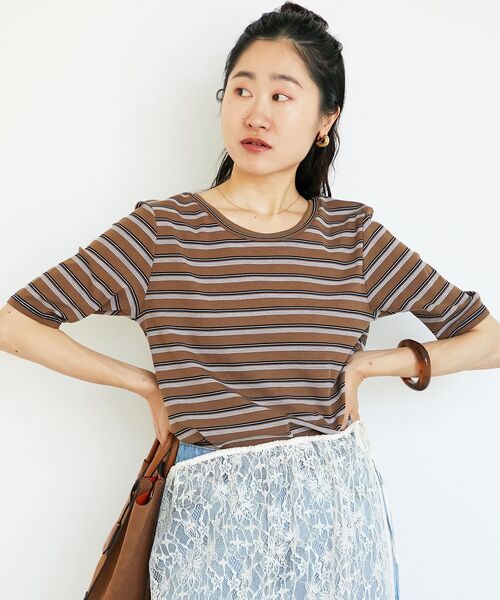 le.coeur blanc(ルクールブラン)の「《手洗い可能》マルチボーダーリブTシャツ(Tシャツ/カットソー・レディース・ブラウン系その他2/ブラック系その他・38)」の1枚目の写真