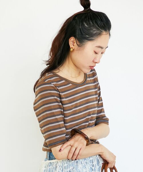le.coeur blanc(ルクールブラン)の「《手洗い可能》マルチボーダーリブTシャツ(Tシャツ/カットソー・レディース・ブラウン系その他2/ブラック系その他・38)」の5枚目の写真