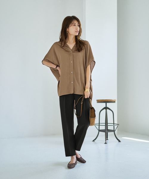 STYLE DELI(スタイルデリ)の「【LUXE】楊柳ゆったりVネックブラウスB(Tシャツ/カットソー・レディース・ホワイト/ブラック/ブラウン系・FREE)」の4枚目の写真