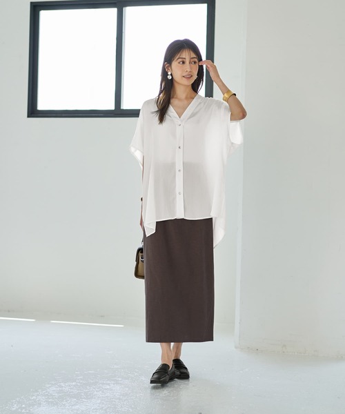 STYLE DELI(スタイルデリ)の「【LUXE】楊柳ゆったりVネックブラウスB(Tシャツ/カットソー・レディース・ホワイト/ブラック/ブラウン系・FREE)」の16枚目の写真