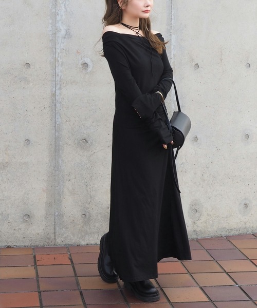 LAULEN(ローレン)の「drape nuance long dress /ドレープニュアンス長袖ロングワンピース(ワンピース・レディース・チャコールグレー/ブラック・FREE)」の2枚目の写真
