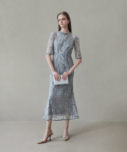 LEJA】スパンコールチュールオープンマーメイドワンピースドレス