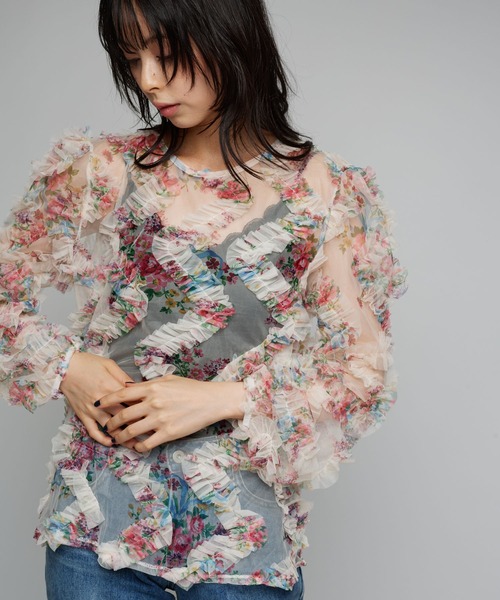 Narcissus（ナルシス）の「フラワーフリルブラウス/チュールプリント《動画あり》（シャツ/ブラウス・レディース・ブラック/アイボリー・FREE）」の11枚目の写真