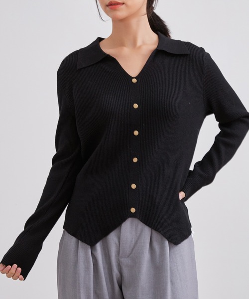セール】襟付き フロント ボタン リブ ニット プルオーバー（ニット