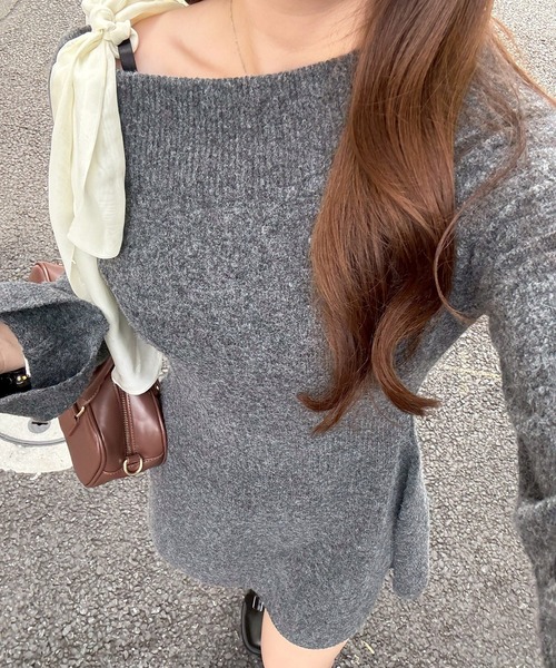 continuer de NICE CLAUP（コンティニューデナイスクラップ）の「【Ribbon Collection】マルチWAYオフショルニットワンピース（ワンピース・レディース・チャコールグレー/グレー/アイボリー・FREE）」の3枚目の写真