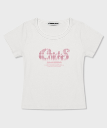 チェックパターンタイポクロップスリムフィット半袖Tシャツホワイト