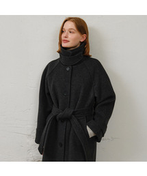 Raglan Belted Wool Long Coat - Charcoal Grey
