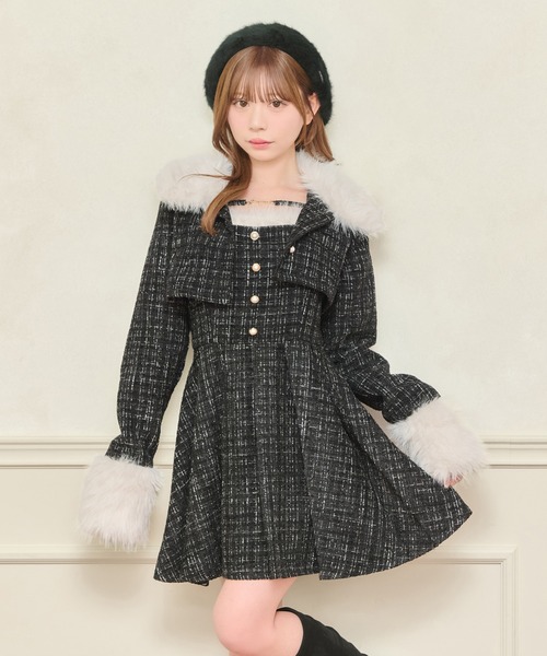 セット着用可能】ファー付きツイードミニキャミワンピース（ワンピース