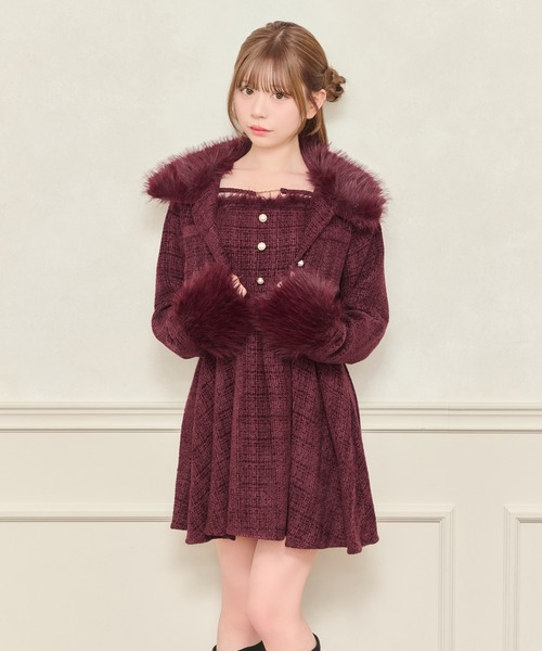 【セット着用可能】ファー付きツイードミニキャミワンピースとジャケット2点セット セット着用可能】ファー付きツイードミニキャミワンピースとジャケット