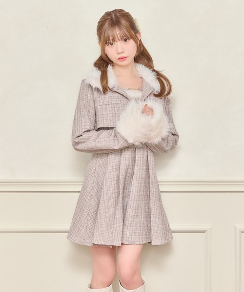 セット着用可能】ファー付きツイードミニキャミワンピース（ワンピース