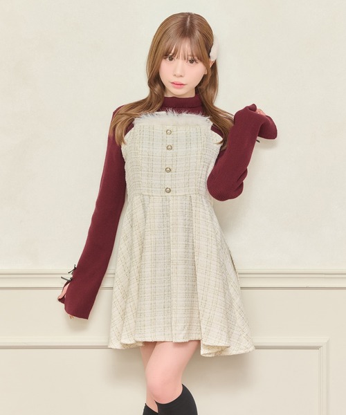 apres jour(アプレジュール)の「【セット着用可能】ファー付きツイードミニキャミワンピース(ワンピース・レディース・アイボリー/ピンクベージュ/ブラック/ボルドー・X-LARGE/フリー)」の8枚目の写真