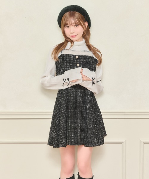 セット着用可能】ファー付きツイードミニキャミワンピース（ワンピース