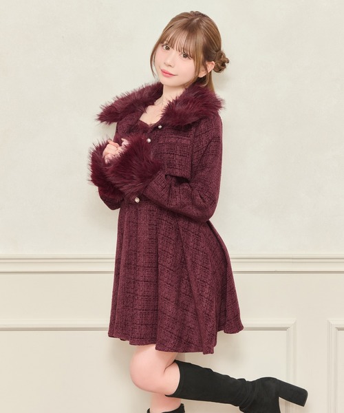 セット着用可能】ファー付きツイードミニキャミワンピース（ワンピース