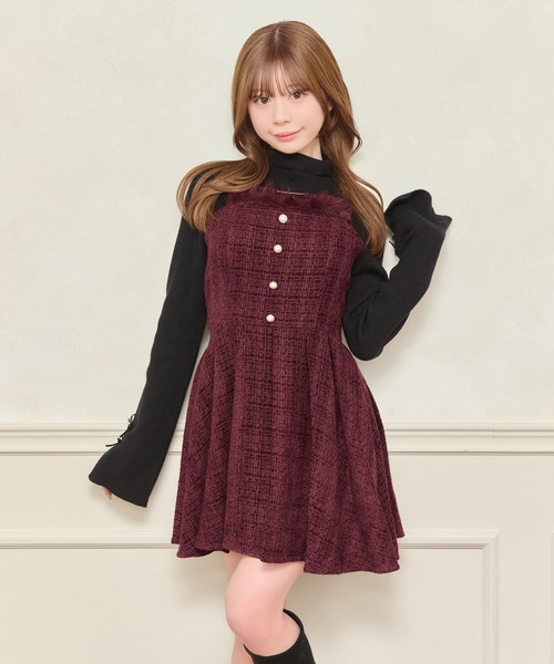 【セット着用可能】ファー付きツイードミニキャミワンピースとジャケット2点セット セット着用可能】ファー付きツイードミニキャミワンピースとジャケット