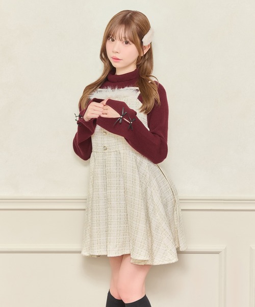 apres jour(アプレジュール)の「【セット着用可能】ファー付きツイードミニキャミワンピース(ワンピース・レディース・アイボリー/ピンクベージュ/ブラック/ボルドー・X-LARGE/フリー)」の6枚目の写真