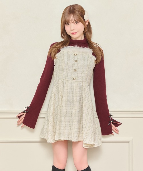 apres jour(アプレジュール)の「【セット着用可能】ファー付きツイードミニキャミワンピース(ワンピース・レディース・アイボリー/ピンクベージュ/ブラック/ボルドー・X-LARGE/フリー)」の5枚目の写真