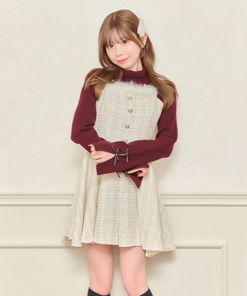 apres jour(アプレジュール)の「【セット着用可能】ファー付きツイードミニキャミワンピース(ワンピース・レディース・アイボリー/ピンクベージュ/ブラック/ボルドー・X-LARGE/フリー)」の7枚目の写真