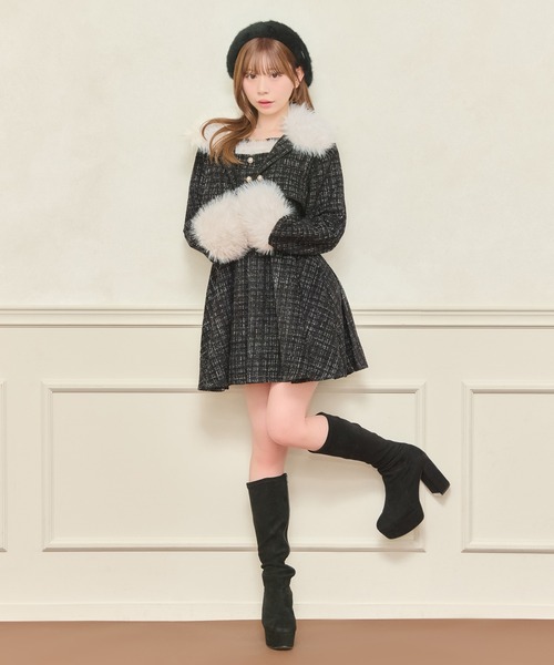 セット着用可能】ファー付きツイードミニキャミワンピース（ワンピース