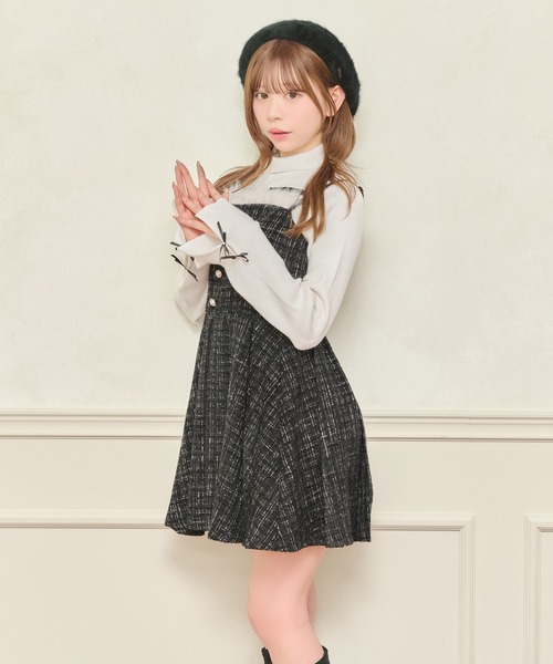 セット着用可能】ファー付きツイードミニキャミワンピース（ワンピース