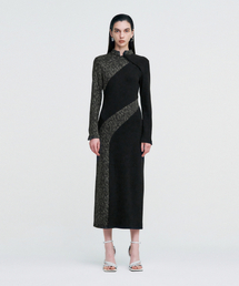 Melange Rib Panelled Long Dress _ BLACK