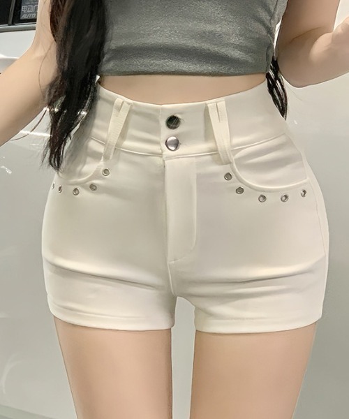lilful(リルフル)の「スタイルアップ アイレット ダブルボタンデザイン ベーシックデニムショーパン(デニムパンツ・レディース・ホワイト/ブラック・S/M)」の7枚目の写真