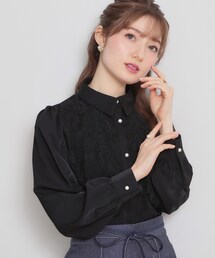 総レース切り替えパール調ボタンブラウス