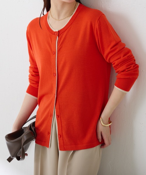 COLLAGE GALLARDAGALANTE（コラージュガリャルダガランテ）の「配色ラインクルーネックカーディガン（カーディガン/ボレロ・レディース・グレー/オレンジ・FREE）」の2枚目の写真