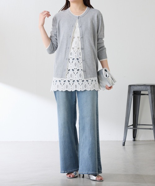 COLLAGE GALLARDAGALANTE（コラージュガリャルダガランテ）の「配色ラインクルーネックカーディガン（カーディガン/ボレロ・レディース・グレー/オレンジ・FREE）」の3枚目の写真