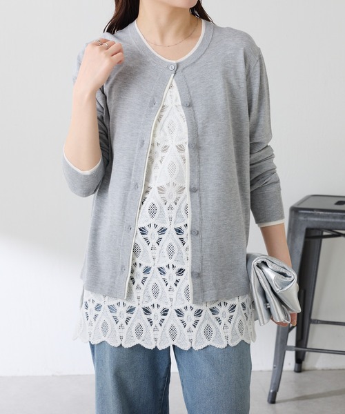 COLLAGE GALLARDAGALANTE（コラージュガリャルダガランテ）の「配色ラインクルーネックカーディガン（カーディガン/ボレロ・レディース・グレー/オレンジ・FREE）」の4枚目の写真