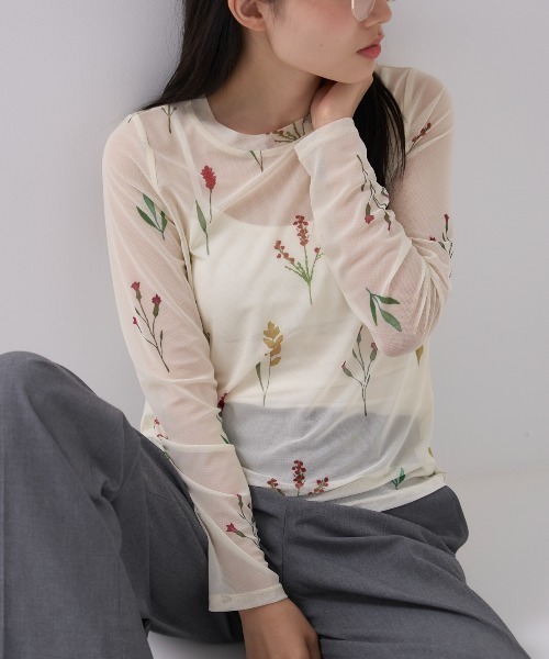 TRIANGLE PALETTE(トライアングルパレット)の「花柄シアープリントトップス/アソート柄(Tシャツ/カットソー・レディース・アイボリー/ブラック/ブラック系その他/ブラウン/オリーブ/ブラック系その他2/ホワイト系その他・FREE)」の1枚目の写真