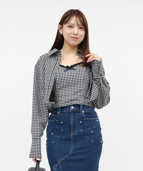 ROYAL PARTY(ロイヤルパーティー)の「バルーンヘムクロップドシャツ(シャツ/ブラウス・レディース・ブルー/オフホワイト/チェック・FREE)」の4枚目の写真