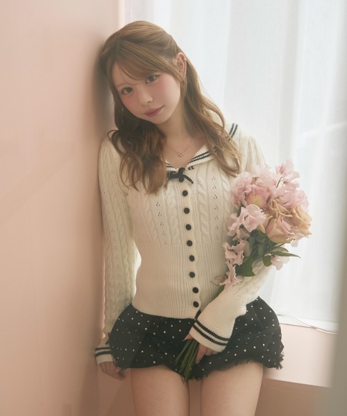 TITTY&CO.（ティティーアンドコー）の「セーラーラインニットカーディガン（カーディガン/ボレロ・レディース・アイボリー/ブラック・FREE）」の6枚目の写真