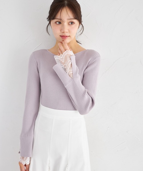tocco closet(トッコ クローゼット)の「【ZOZO限定】前後2WAY袖レースリブニットトップス(ニット/セーター・レディース・ラベンダー/ネイビー/ピンク/ライトイエロー/ブラック/ワイン・M)」の4枚目の写真