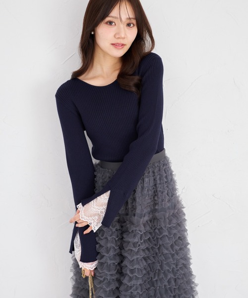 tocco closet(トッコ クローゼット)の「【ZOZO限定】前後2WAY袖レースリブニットトップス(ニット/セーター・レディース・ラベンダー/ネイビー/ピンク/ライトイエロー/ブラック/ワイン・M)」の3枚目の写真