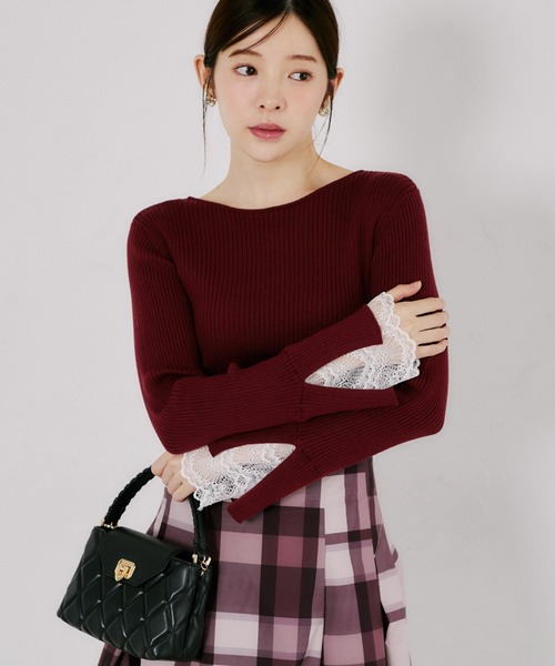 tocco closet(トッコ クローゼット)の「【ZOZO限定】前後2WAY袖レースリブニットトップス(ニット/セーター・レディース・ラベンダー/ネイビー/ピンク/ライトイエロー/ブラック/ワイン・M)」の1枚目の写真