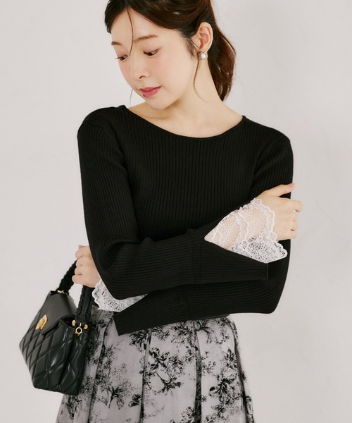 tocco closet(トッコ クローゼット)の「【ZOZO限定】前後2WAY袖レースリブニットトップス(ニット/セーター・レディース・ラベンダー/ネイビー/ピンク/ライトイエロー/ブラック/ワイン・M)」の2枚目の写真
