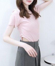 【original】ハーフスリーブボディスーツライクトップ / 半袖 Tシャツ シンプル カジュアル ベーシック ノームコア サイドカット リブ素材 春 夏