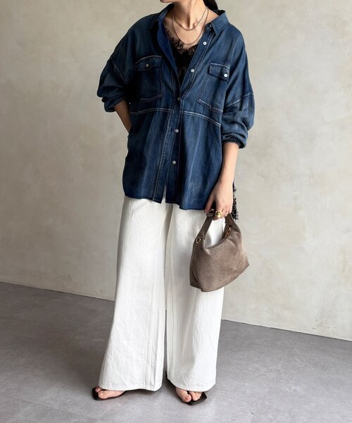 DouDou（ドゥドゥ）の「バックギャザーシアーデニムシャツ（シャツ/ブラウス・レディース・サックスブルー/ブルー・FREE）」の6枚目の写真