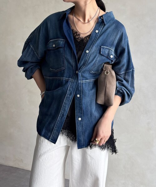 DouDou（ドゥドゥ）の「バックギャザーシアーデニムシャツ（シャツ/ブラウス・レディース・サックスブルー/ブルー・FREE）」の8枚目の写真