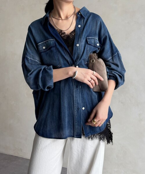 DouDou（ドゥドゥ）の「バックギャザーシアーデニムシャツ（シャツ/ブラウス・レディース・サックスブルー/ブルー・FREE）」の11枚目の写真