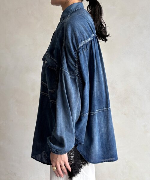 DouDou（ドゥドゥ）の「バックギャザーシアーデニムシャツ（シャツ/ブラウス・レディース・サックスブルー/ブルー・FREE）」の14枚目の写真