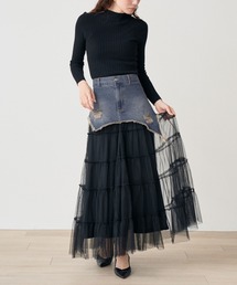 .WORKS（ドットワークス）の「ティアード　チュール　デニム切替　ロングスカート（デニムスカート）」