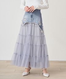 .WORKS（ドットワークス）の「ティアード　チュール　デニム切替　ロングスカート（デニムスカート）」