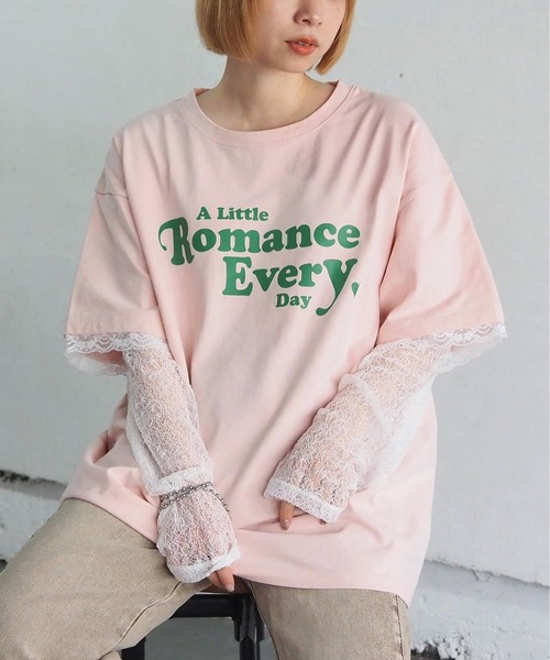 tiptop(ティップトップ)の「レースレイヤードロゴロンT(Tシャツ/カットソー・レディース・オフホワイト/ピンク/スミクロ・FREE)」の2枚目の写真