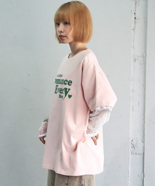 tiptop(ティップトップ)の「レースレイヤードロゴロンT(Tシャツ/カットソー・レディース・オフホワイト/ピンク/スミクロ・FREE)」の12枚目の写真