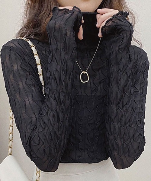 Beststore（ベストストア）の「シアーブラウス シャーリングタートルネックシアーブラウス トップス（シャツ/ブラウス・レディース・アイボリー/ブラック/ブラウン/ホワイト・FREE）」の4枚目の写真