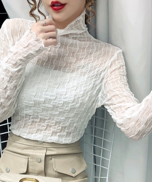 Beststore（ベストストア）の「シアーブラウス シャーリングタートルネックシアーブラウス トップス（シャツ/ブラウス・レディース・アイボリー/ブラック/ブラウン/ホワイト・FREE）」の7枚目の写真