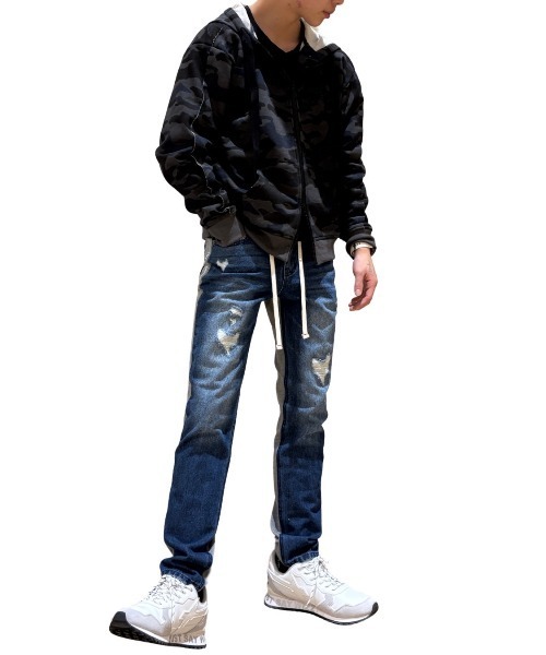 COOK JEANS(クックジーンズ)の「カットオフスウェットジップパーカー(パーカー・メンズ・ブラック/ウッドランド・LARGE)」の1枚目の写真