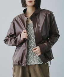Mirette（ミレット）の「スタンドカラー ドローストリング合成皮革ショートブルゾン / Stand Collar Drawstring Short Jacket（ライダースジャケット）」