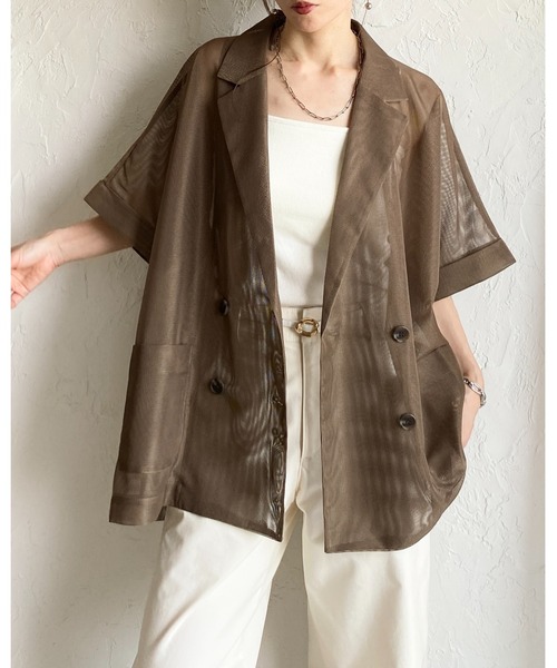 She's Closet(シーズクローゼット)の「半袖 オーバーサイズ ダブル シアー メッシュ テーラードジャケット(テーラードジャケット・レディース・オフホワイト/ベージュ/ブラック/ネイビー/モカ・FREE)」の6枚目の写真